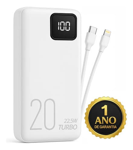 Carregador Portátil Power Bank Turbo 20000mah Universal Para iPhone Samsung Motorola Xiaomi 20w Com Display Digital Cor Branco Dtimp