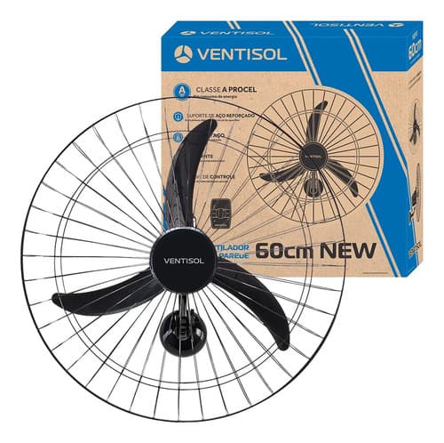 Ventilador de parede Ventisol New 60cm com 3 pás de Plástico preto estrutura new cromado, 60cm de diâmetro
