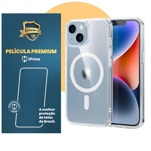 Kit Capa Capinha Magnética Para iPhone 14 Normal Case Transparente Com Película De Proteção Nanoshield Danet
