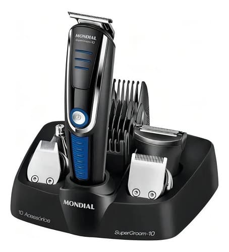 Kit Barbeador Aparador Mondial Multi Groom 10 Em 1 Branco Cor Preto/Azul