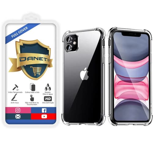 Kit Capa Capinha Transparente Para iPhone 11 Normal Case E Película 3d Danet Full Cover Anti Impacto