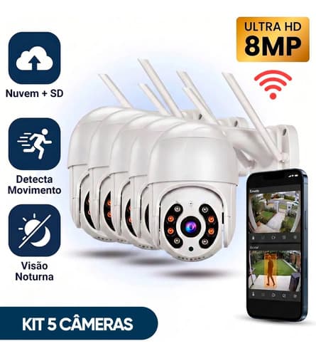 Kit Com 5 Câmeras De Segurança Ip Wifi A8 Full Hd Icsee Ptz 355° Com Visão Noturna Áudio Bidirecional Ip66 Monitoramento Remoto Para Celular Android E iPhone