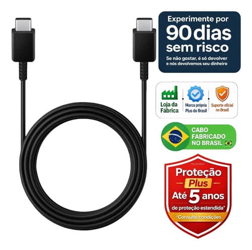 Plus do Brasil Cabo Usb C Carregador e Dados Turbo Tipo C Duplo Para Samsung S25 Ultra S24 S23 Fe S22 S21 S20 Chromebook 4 Galaxy Book S Xiaomi Apple Iphone 17 16 15 3a Blindado Fabricado no Brasil