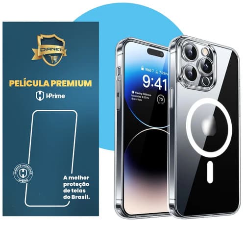 Kit Capa Capinha Magnética Para iPhone 14 Pro Case Transparente Com Película De Vidro Temperado Proteção Danet